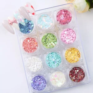 Candy Heart Nail Sequins in 12 vibrant shades with heart-shaped pastel flakes