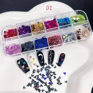 Mickey head nail glitter sequins in bold colors with black base nail design