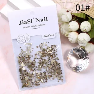 Champagne gold flatback rhinestones in sealed nail art package