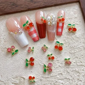 Cherry crystal fruit nail charms with red rhinestones