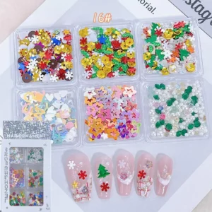 Nail decorations set 16# Christmas Festive Nail Mix with seasonal shapes like trees, snowflakes, stars, and gift accents