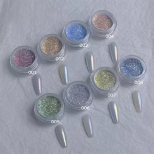 Assorted Aurora Opal Nail Glitter jars with separate display tips labeled 001 to 008