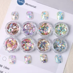 Chunky holographic nail sequins with rainbow finish and applied examples