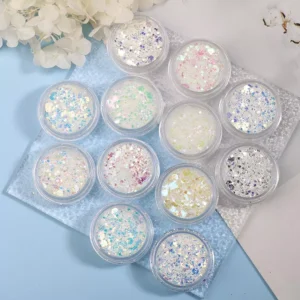 Iridescent chunky and fine glitter mix in clear pots for nails