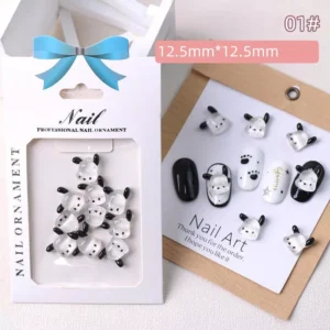 Packaged iridescent Cinnamoroll nail charms with sample card