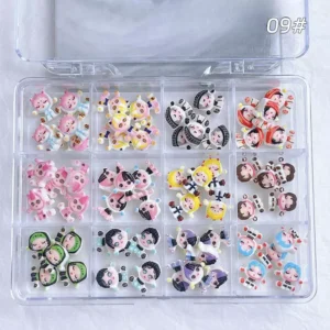 Anime-style face nail charms in chibi style with iconic eyes and hair