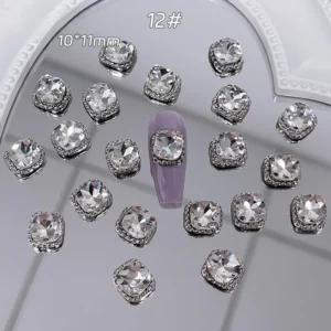 Transparent cushion-cut crystal nail charm set in silver alloy for glossy nails