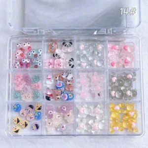 Clear Jelly Bear Nail Charms arranged in a grid display case with assorted colorful resin pieces