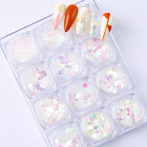 Transparent holographic nail glitter pots with nail tip design samples