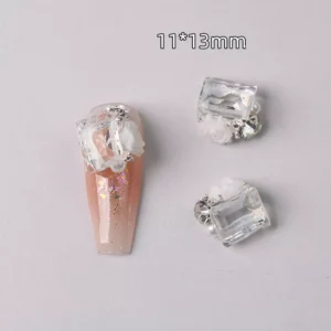 Crystal clear rectangular nail gem with white rose and pearl, 11x13mm