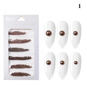 Nail decoration kit featuring metallic coffee brown pearl beads in varying sizes