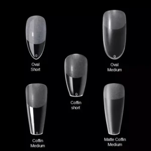 Soft gel tips in Oval and Coffin styles in short and medium lengths – isolated view