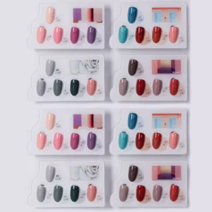 Close-up of color palette display cards with nail swatches