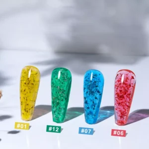 Yellow, green, blue, and red flower builder gels standing upright