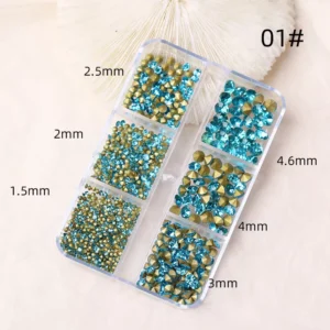 Crystal Rhinestones in blue, pink, and red with varying sizes for nail art designs