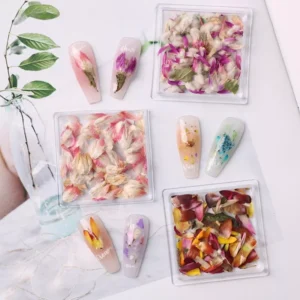 Colorful dried flower nail charms in square boxes with real petal designs