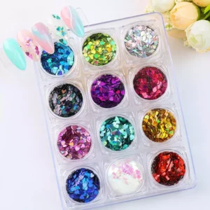 12 vibrant holographic heart nail sequins with flower props