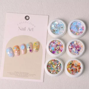 Mixed flower glitter nail sequins with sea shell, alphabet, and heart shapes in white container jars