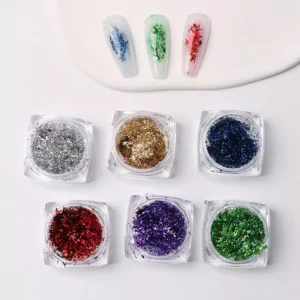 Six-color foil nail glitter set with silver, red, green, purple, blue, and gold for DIY nail designs