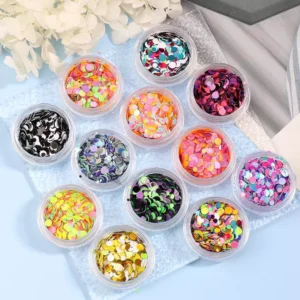 Iridescent and neon nail glitter sequins set in transparent jars