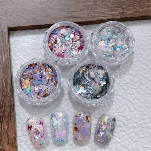 Mixed color nail glitter set with nail swatches showcasing each style