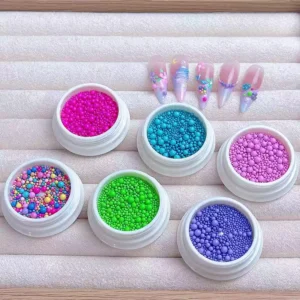 Full Dopamine Nail Art Beads set with 6 color jars and decorated nail tips