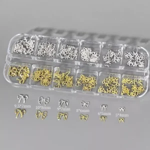 Full set of gold and silver bow charms organized in a clear box