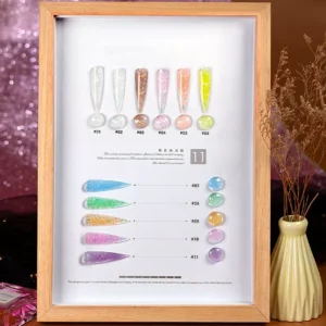 Full framed display of 11 iridescent glitter builder gel swatches