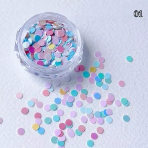Jar of round pastel confetti sequins for nail use