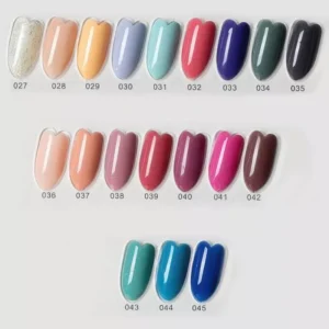 Pastel and blue tone colored gel nail polish shades close-up