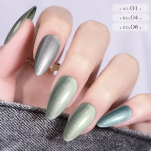 Metallic Painting Gel in silver and green tones on long almond nails