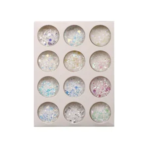 12-piece cosmetic grade glitter for nails in boxed layout