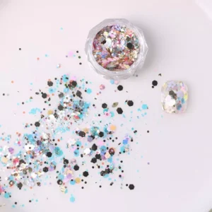 Holographic chunky glitter flakes with black and pastel sparkle for edgy nail designs
