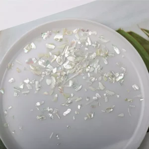 Cream white abalone shell flakes with pearly luster on dish