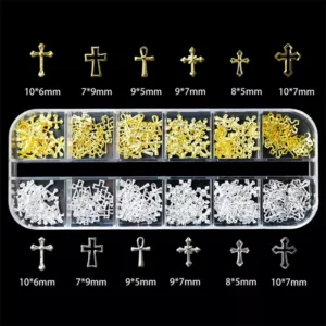 Cross nail charms in gold and silver with size labels on black background
