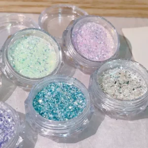 Multicolor nail glitter powder jars with crushed foil shimmer