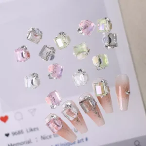 Assorted crystal floral nail charms with square cuts and rose embellishments