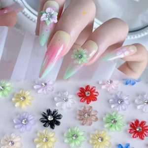 Daisy shine nail charms with multicolor 3D resin flower charms featuring rhinestone centers