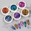 Six pots of dazzling holographic party nail sequins in various vibrant colors with matching applied nail tips