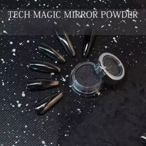 Black chrome nail powder on textured surface with intense mirrored finish swatches