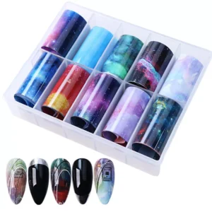 Deep space nail foil designs with galaxy, nebula, and dark sky effects