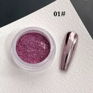 Mirror Chrome Nail Powder in deep raspberry with matching nail swatch