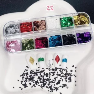 Diamond-shaped nail sequins with sharp prism edges and gloss finish