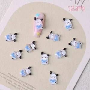 Black and white dog-themed resin nail charms in blue outfits, size 12.5×8mm