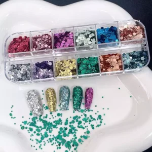 Round dot nail sequins in a wide range of metallic finishes, shown with nail art samples