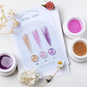 Lilac pink glitter builder gels with real dried flowers