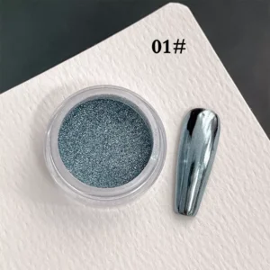 Metallic blue Mirror Chrome Nail Powder with matching reflective nail look
