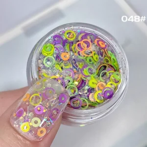 Purple and green neon ring glitter mix for nail art with translucent sparkle