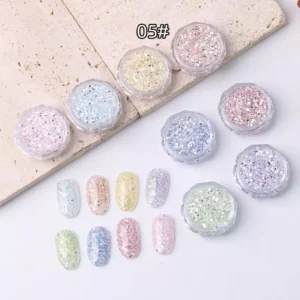Iridescent pastel glitter set in fine cuts for soft shimmering nail looks