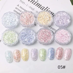 Fine pastel glitter flakes in soft shimmer tones for delicate nail art